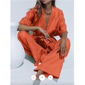 Commense Oversized Linen Tied Two Piece Pants Set Sz S